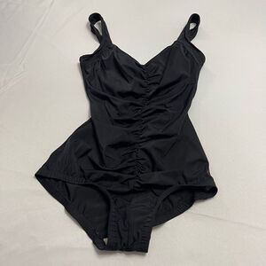 LE COVE Solid Black One Piece VTG Swimsuit Rusched Up The Center Front Size 12
